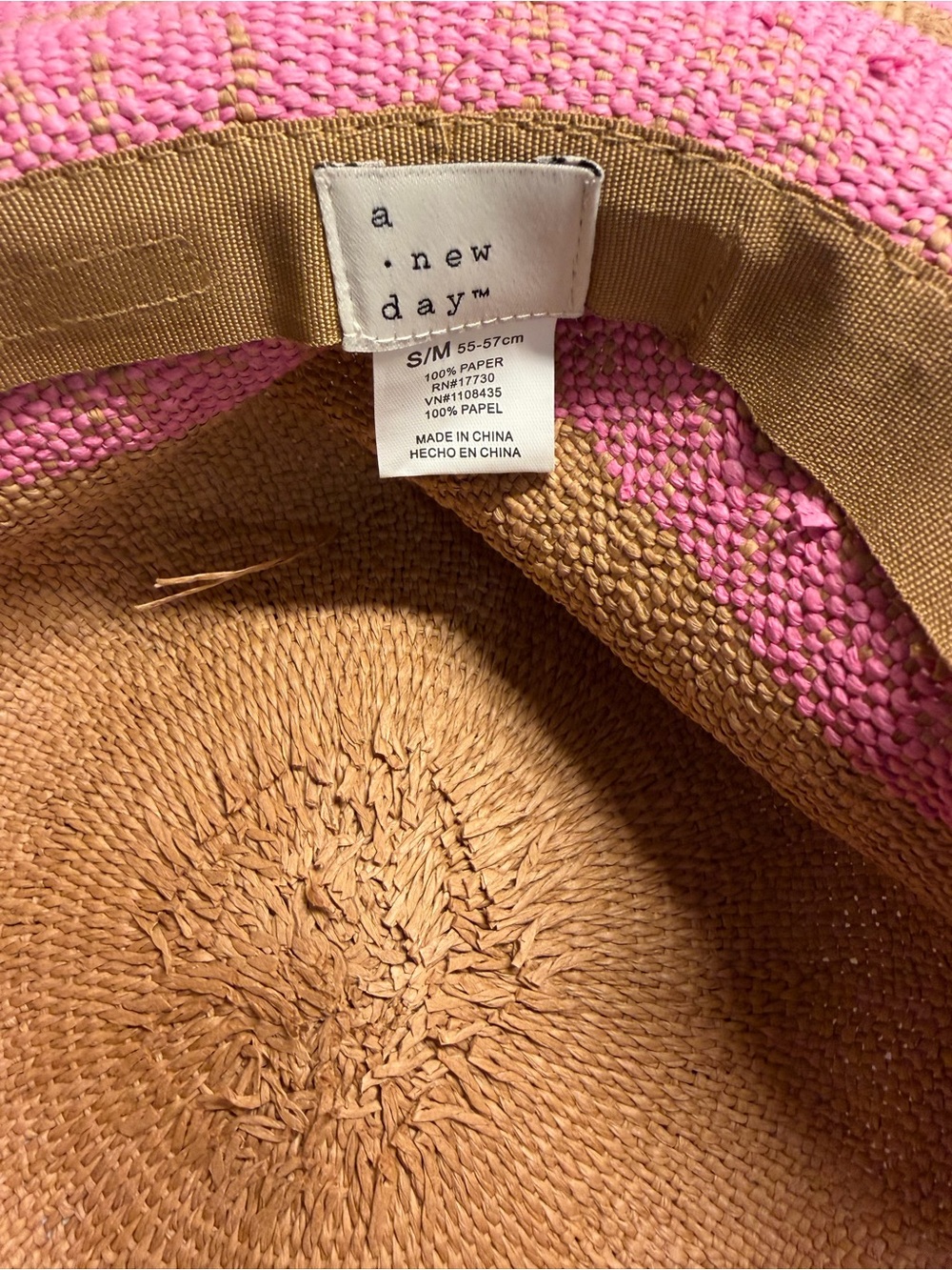 A New Day Wide Brim Straw Sun Hat with Pink Accent - S/M - Picture 5 of 9